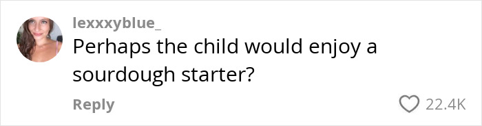 Comment referencing demands for a child's birthday party, reads "Perhaps the child would enjoy a sourdough starter?