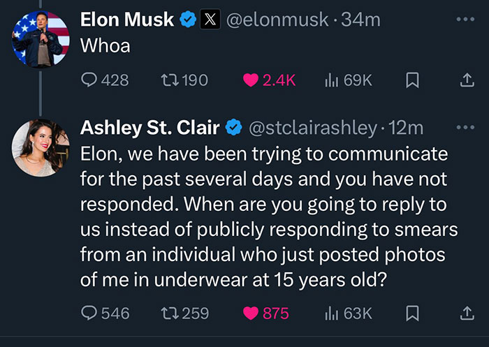 Elon Musk commenting \"Whoa\" on Twitter thread by Ashley St. Clair about communication issues and public responses.