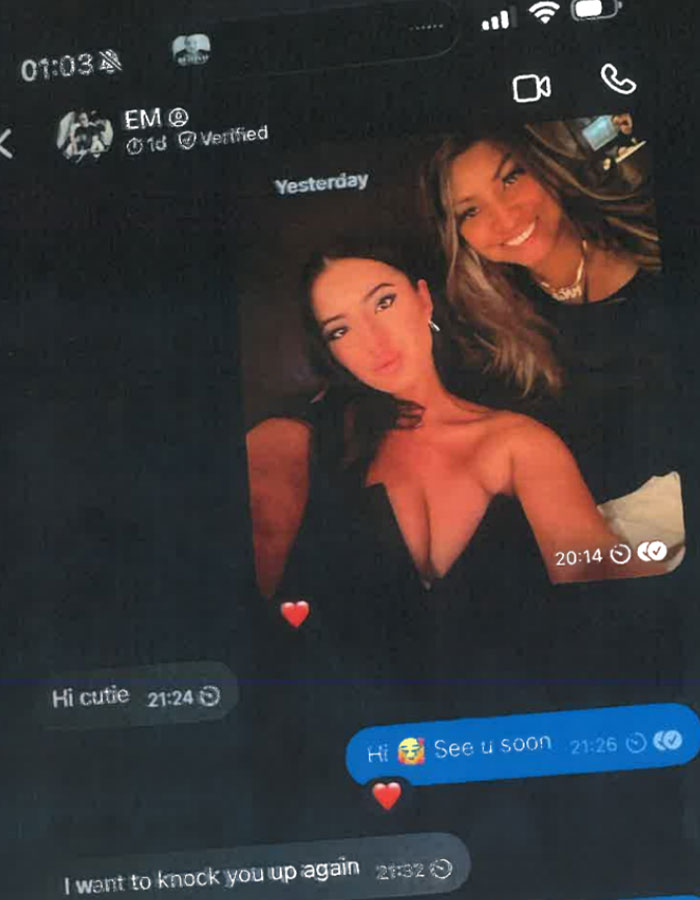 Text exchange involving Elon Musk and a photo with two women, focusing on a personal context.