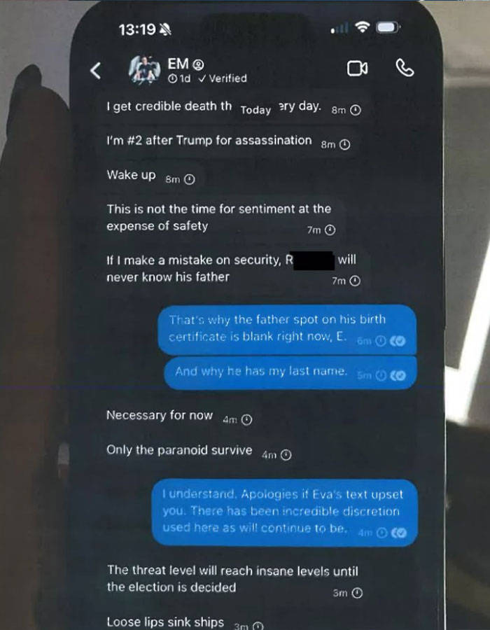 Text messages on a phone screen related to Elon Musk and security concerns.