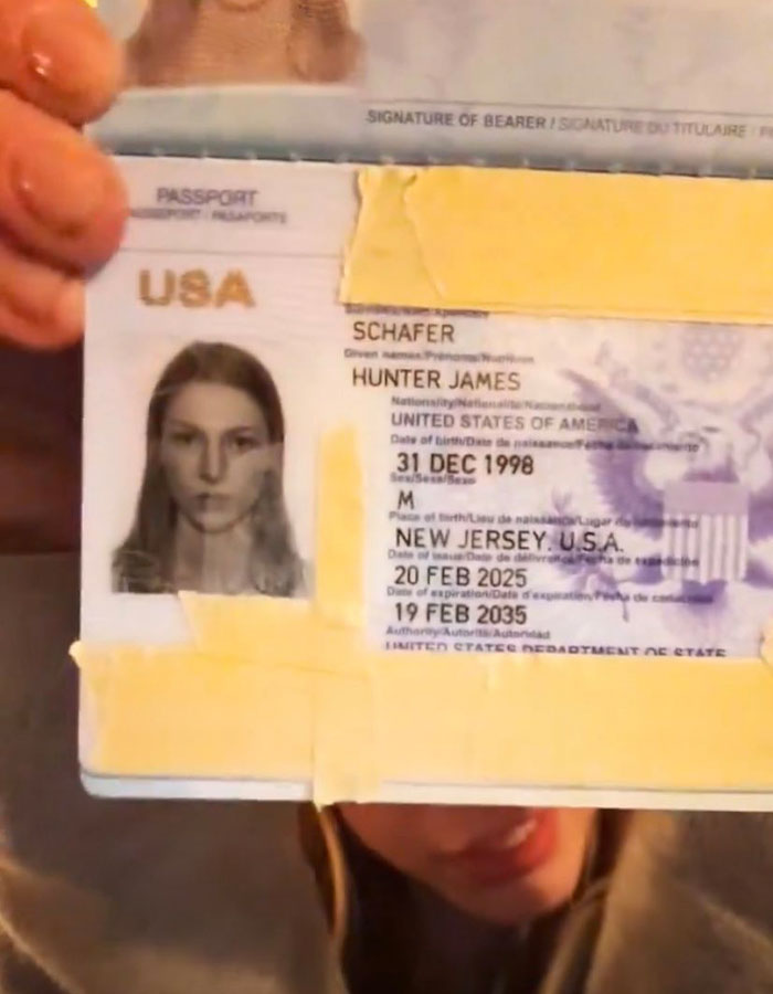 Passport labeled "Male" held by 'Euphoria' actress showing ID details with a visible photo.