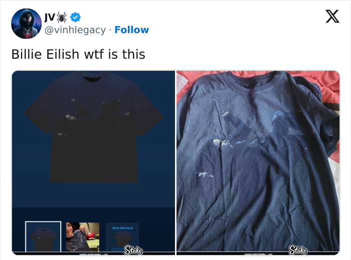 Billie Eilish merch display with noticeable printing issue, prompting quality concerns.