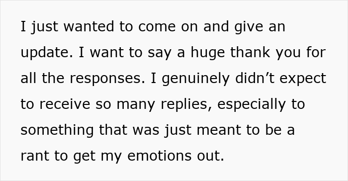 Text on a white background discussing gratitude for responses to a personal update.

