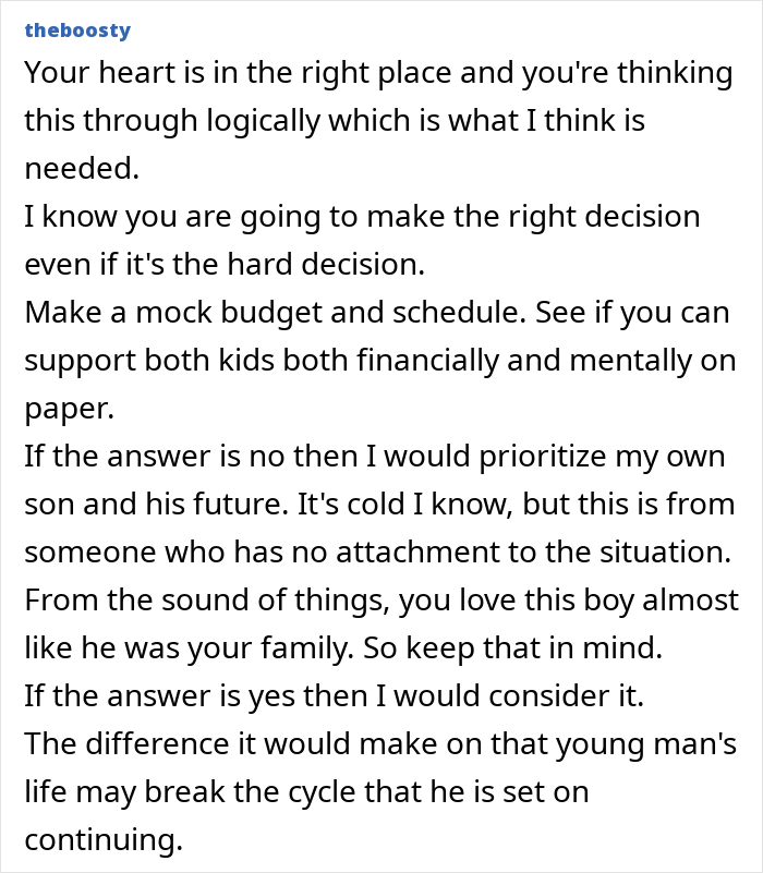 Text offering advice on decision for a single dad considering taking his son's friend into the family.