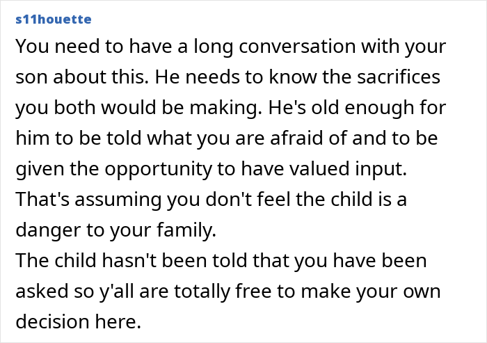 Discussion about a single dad's decision on son's best friend joining the family, emphasizing sacrifices and safety.