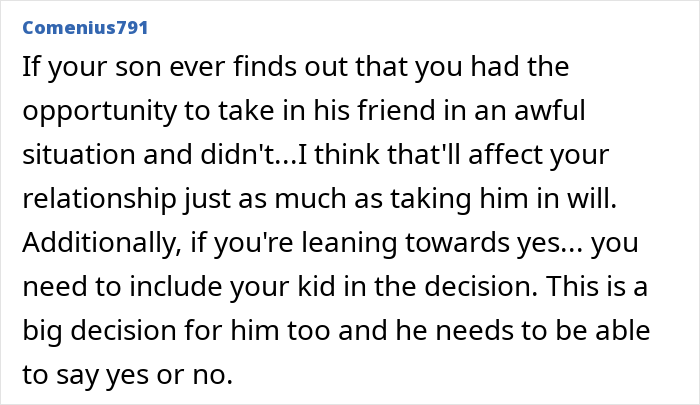 Text of advice discussing a single dad's decision about son's friend joining the family.