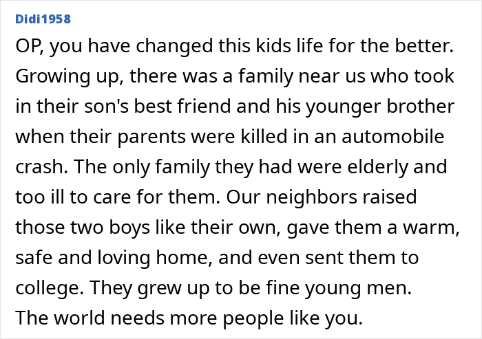 Text discussing a single dad considering taking in his son's friend, with encouragement and a positive family story.