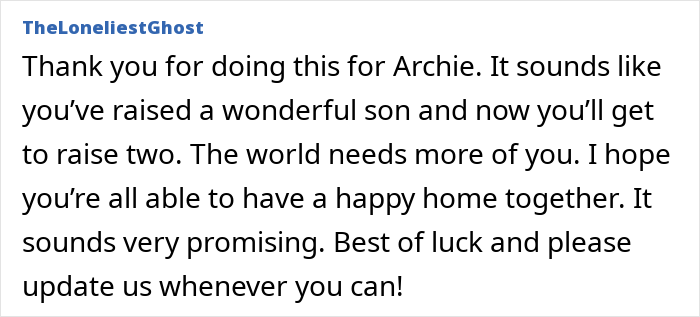 Comment encouraging single dad's decision to take in son's friend, wishing them a happy home together.