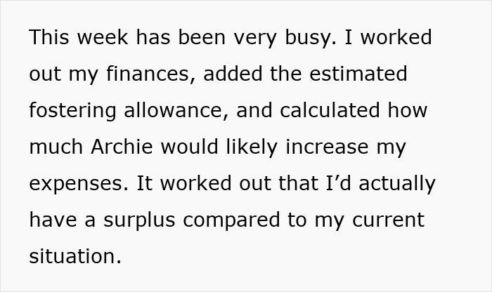 Text discussing the financial calculations and potential fostering allowance for a single dad considering fostering.