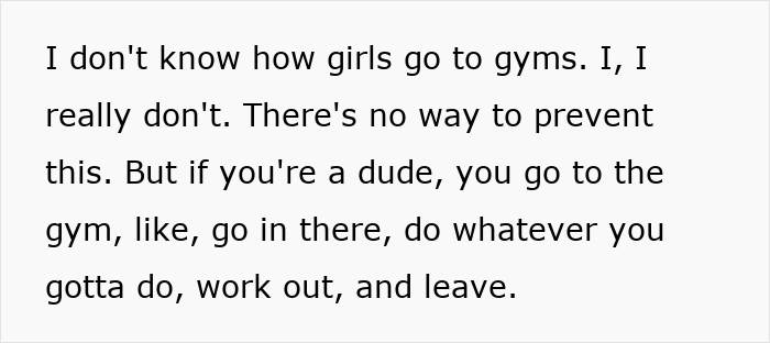 Text excerpt discussing gym culture and behavior norms for men.