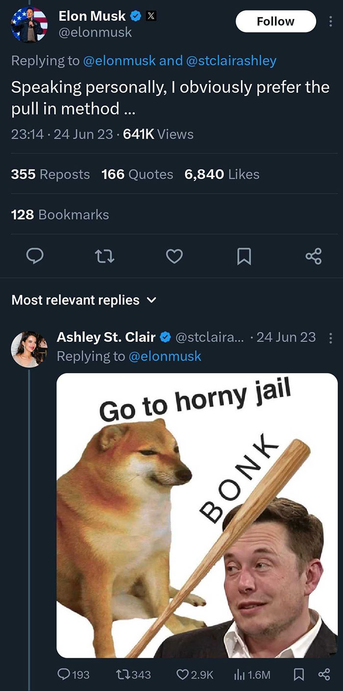 Elon Musk tweets with Ashley St. Clair featuring meme with dog and baseball bat.