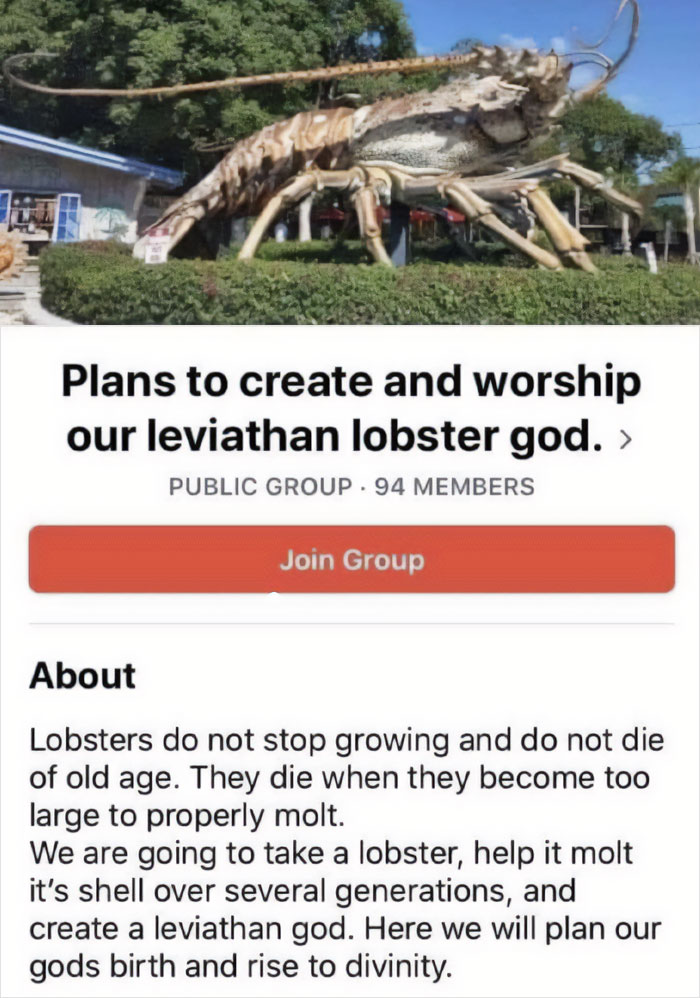 Giant lobster statue resembling a "final boss" with text about creating a leviathan lobster god, in a public group description.