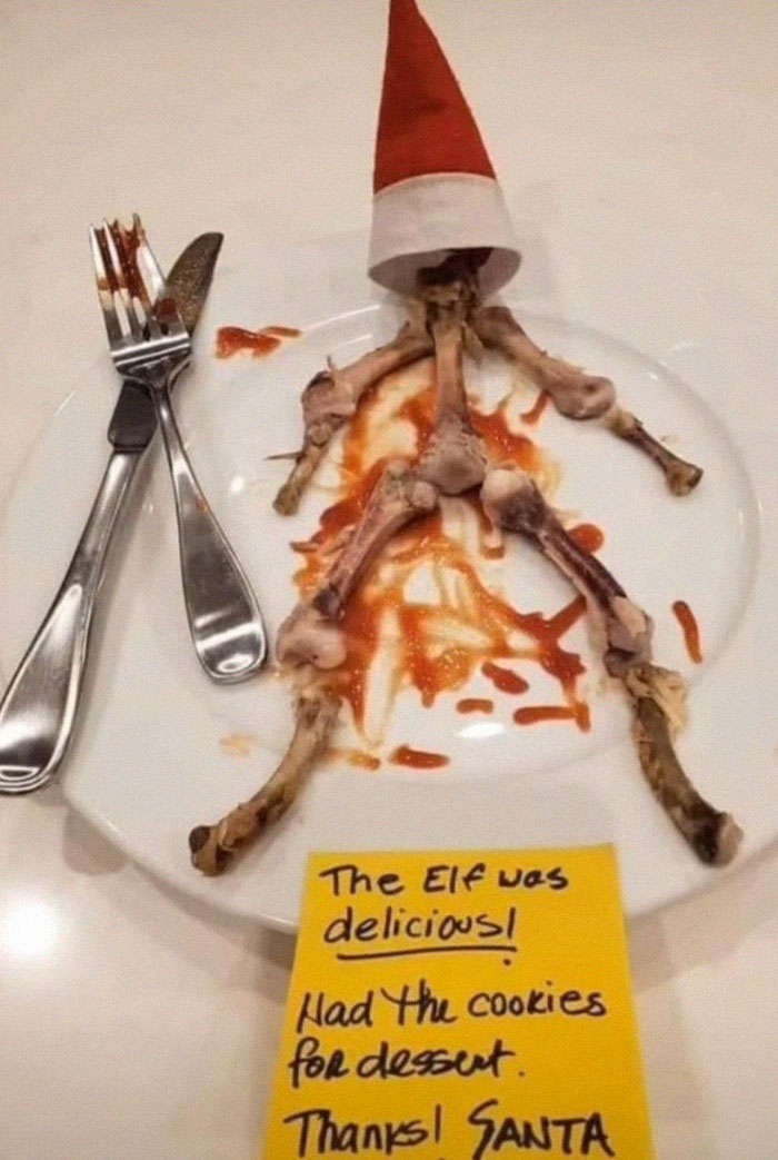 Final boss scene: chicken bones arranged as a figure with a Santa hat, surrounded by ketchup, and cutlery on a plate.