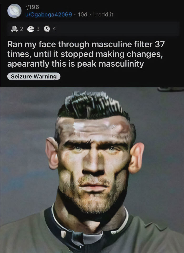 A person with an exaggerated masculine face, resembling a "Final Boss" character, shared on social media.