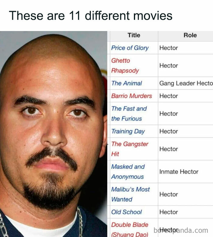 Bald man with goatee listed in 11 movies as "Hector," perceived as a real-life final boss character.