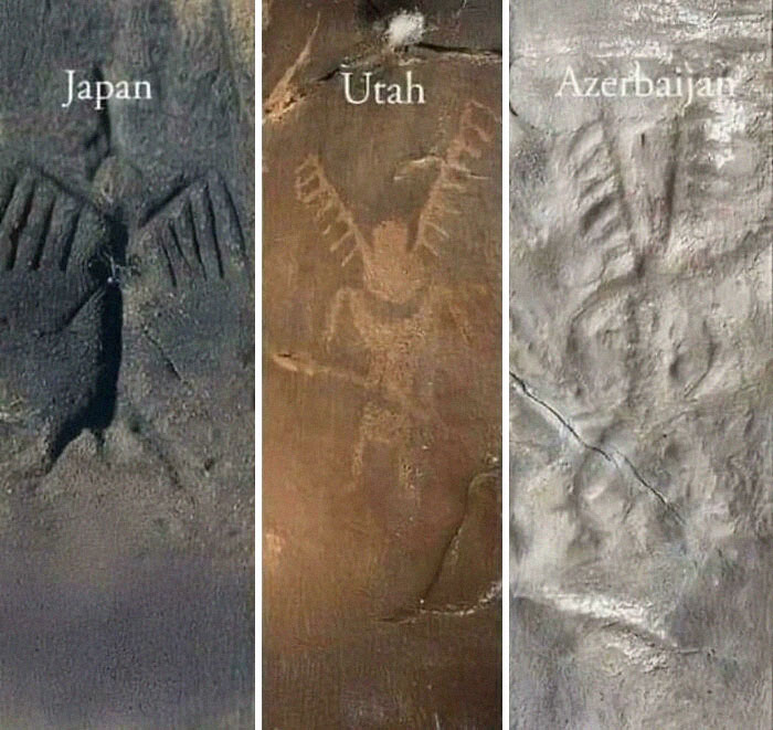 Three ancient petroglyphs resembling a 'Final Boss' figure from Japan, Utah, and Azerbaijan carved into stone surfaces.