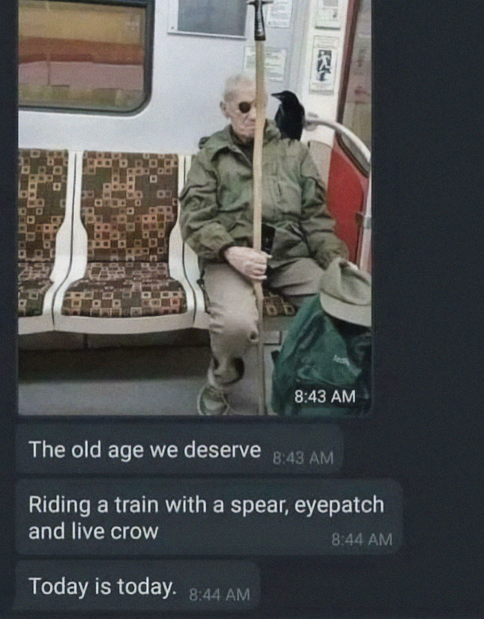 Man with eyepatch, spear, and crow riding a train, resembling a final boss character in real life.