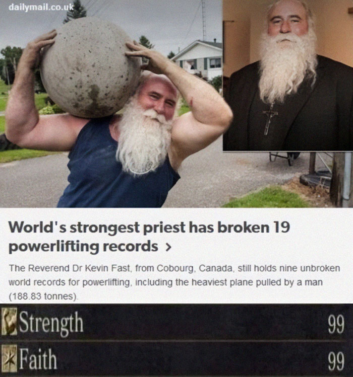 World's strongest priest lifting a heavy stone, showcasing real-life "Final Boss" strength, featured in a news article.