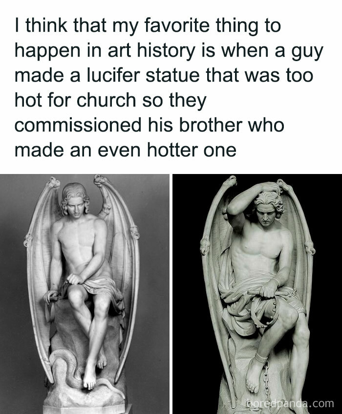 Lucifer statue seen as a "final boss" in real life, depicted in two artistic interpretations.