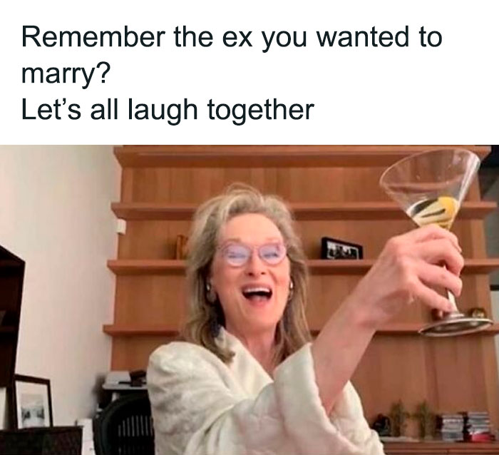 Woman holding a martini and laughing, with text humorously reflecting on a past relationship, representing dating in your 30s.