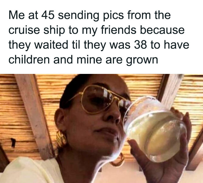 Woman relaxing on a cruise ship, sipping a drink, capturing the humor of dating in your 30s.