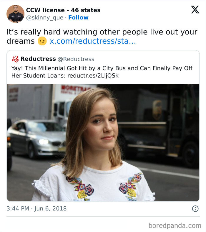 Meme humor for women: Woman smirking in a tweeted image about student loans with city street background.