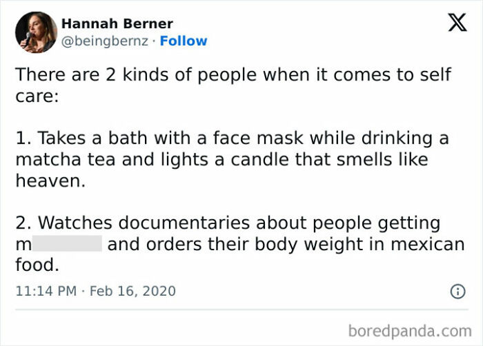 Meme humor for women about two kinds of self-care: spa day vs. watching documentaries and eating Mexican food.