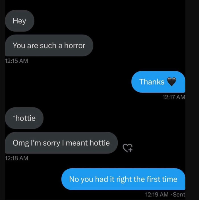 Text conversation meme with humor for women, featuring a typo correction from "horror" to "hottie."