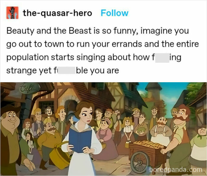 Animated scene humor meme for women, featuring Belle from "Beauty and the Beast" in a bustling town with singing villagers.