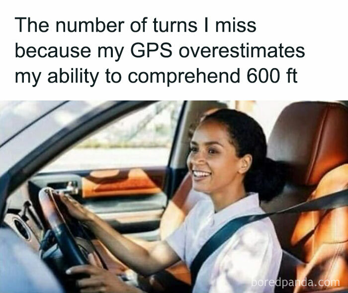 Woman driving with a humorous caption highlighting GPS challenges, tailored humor for women.