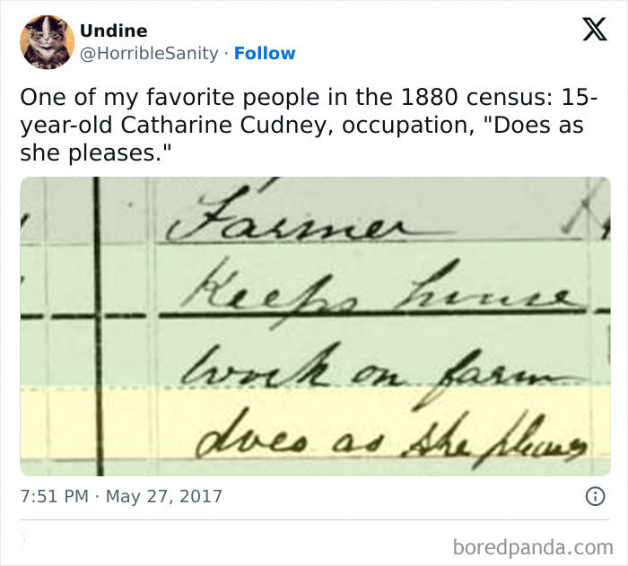 Meme humor for women, featuring a humorous 1880 census entry for 15-year-old Catharine Cudney with the occupation "Does as she pleases."