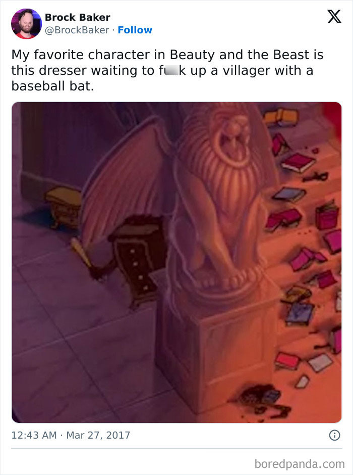 Meme humor for women: image of a lion statue dresser from Beauty and the Beast with text about a baseball bat.