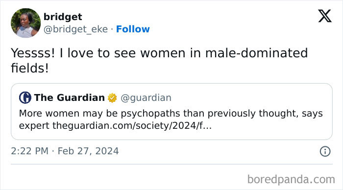 Meme post humorously addressing women's roles in male-dominated fields with a mock headline about psychopathy.