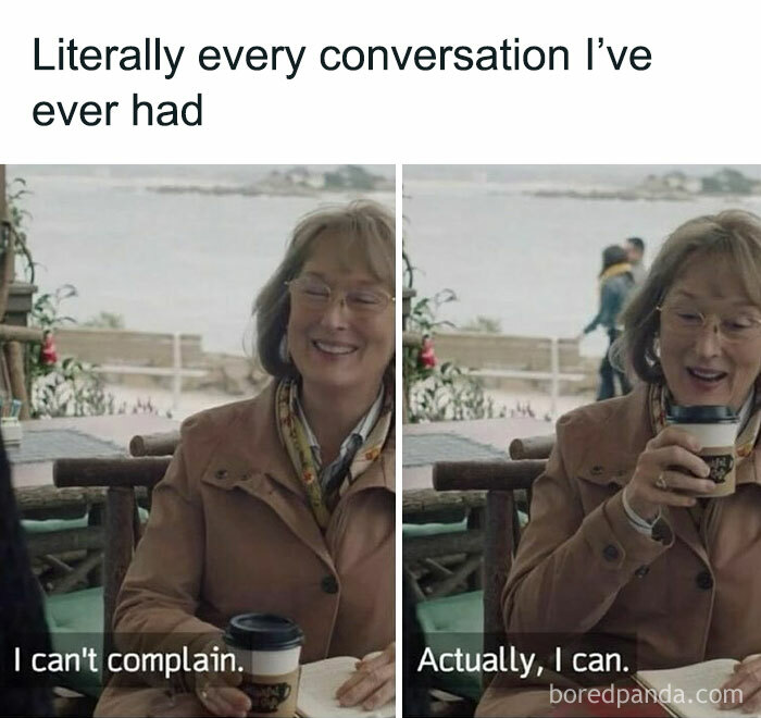 Woman in a humorous meme about conversations, holding a coffee cup, wearing glasses and a brown jacket.