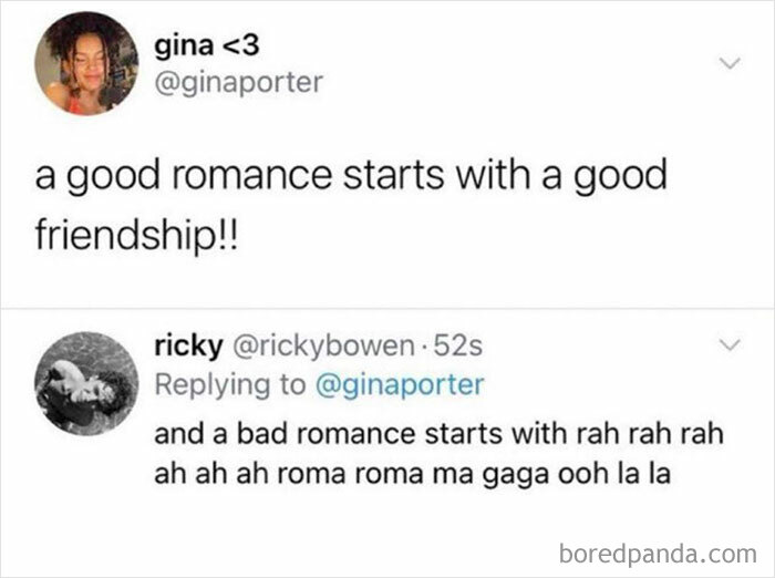 Meme humor for women: tweet about romance, mentioning friendship and a playful "Bad Romance" song reference.