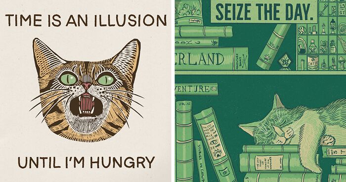 40 Hilariously Relatable Illustrations Of Cats Drawn In A Vintage Poster Style By Jesse Jarldane