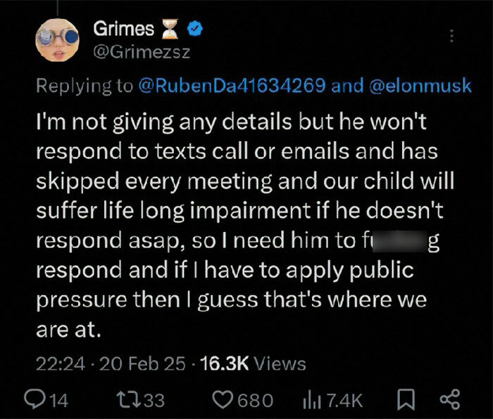 Grimes calls out Elon Musk in a tweet regarding their child\'s medical crisis, expressing frustration over lack of response.