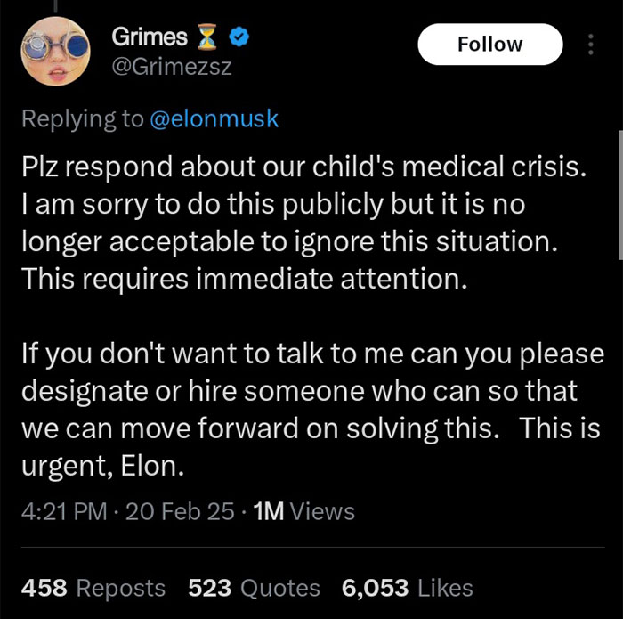 Grimes urges Elon Musk to address their child\'s medical issue in a tweet.