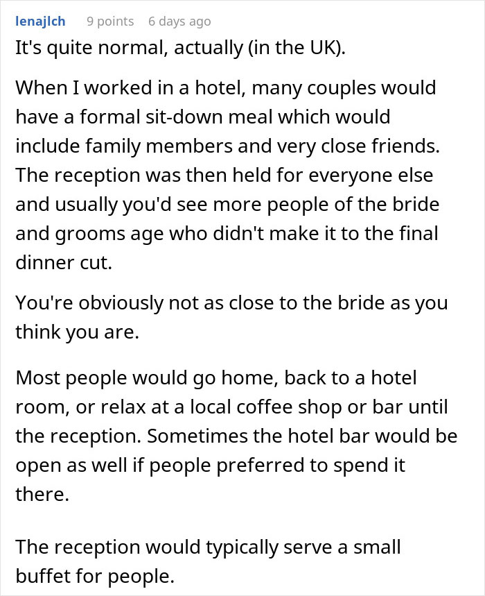 Text screenshot about wedding reception norms, focusing on excluding guests from weddings.