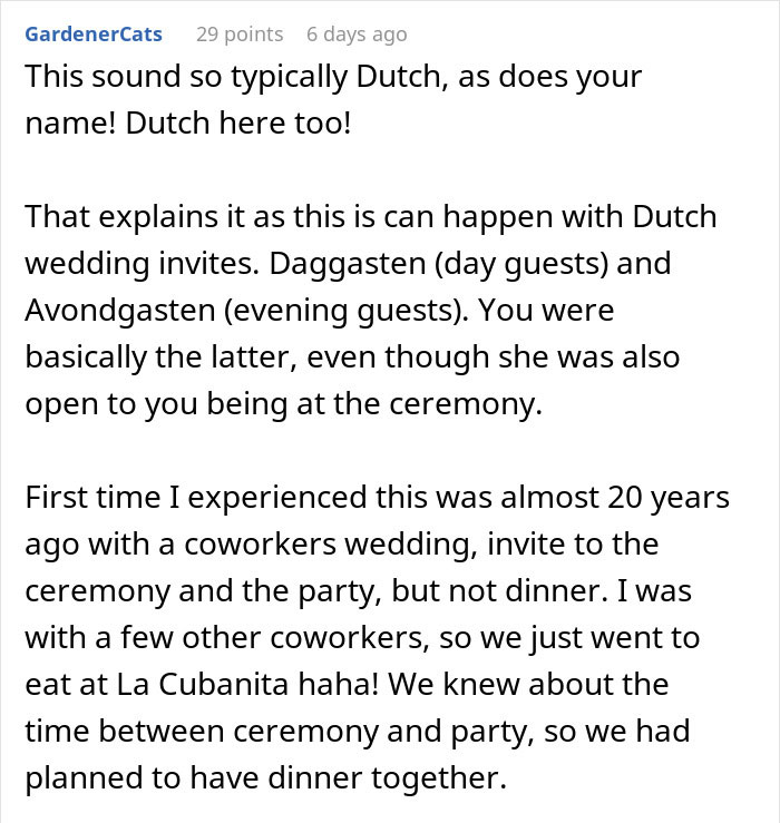 Comment discussing Dutch wedding customs, mentioning day and evening guest distinctions.