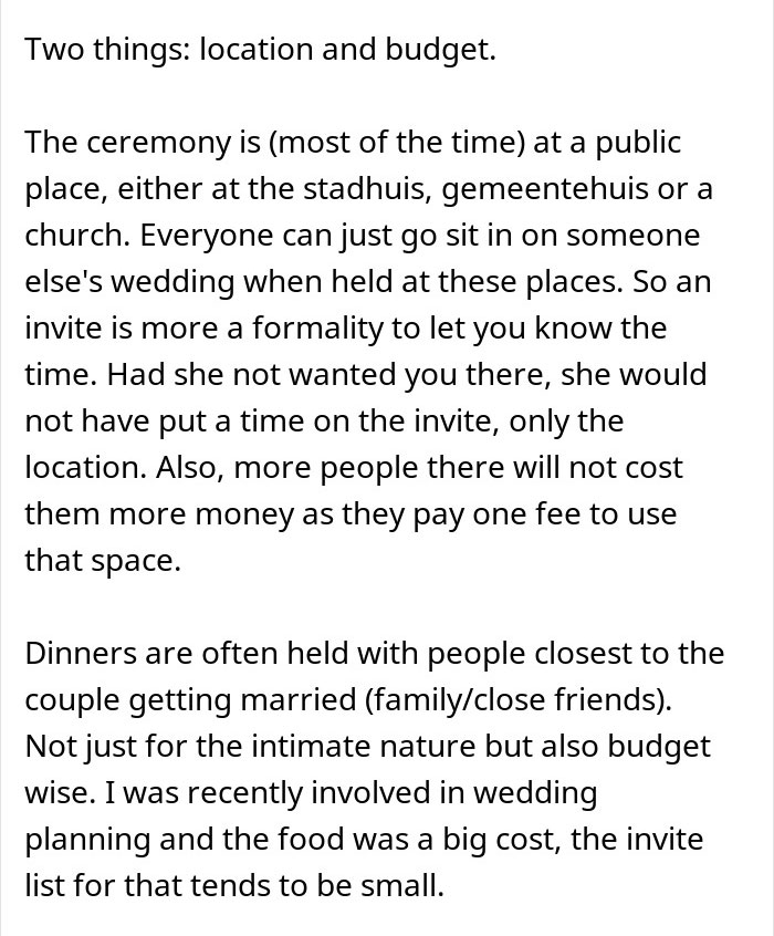 Text discussing wedding ceremonies, budget, and guest inclusion at receptions and dinners.