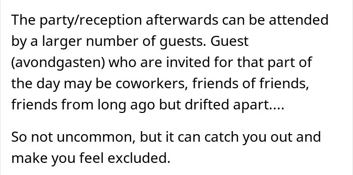 Text discussing how being excluded from a wedding dinner can feel unusual and isolating for some guests.