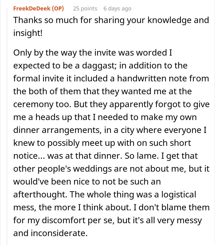 Reddit post discussing feelings about being excluded from a wedding dinner.