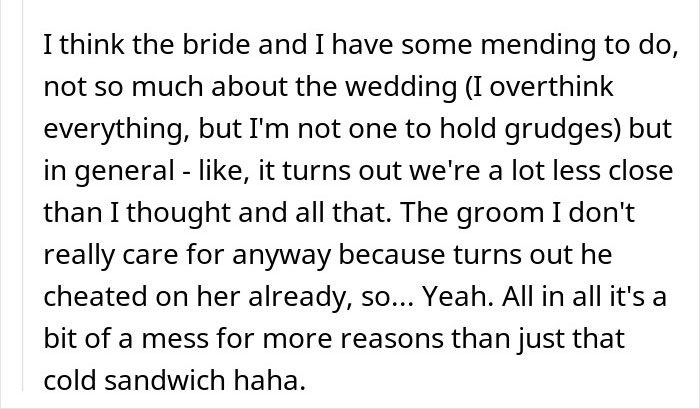 Text describing feelings about a wedding, addressing issues with the bride and groom.