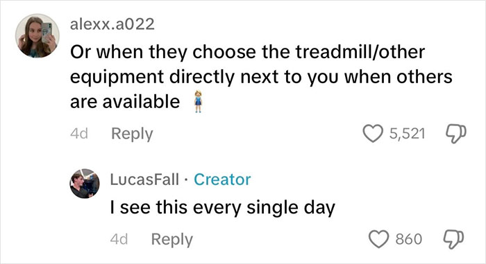 Comments discussing gym behavior, with users noting men choosing equipment next to women even when others are available.