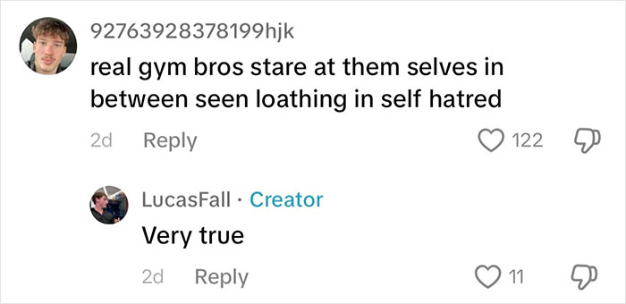 Comments about gym bros staring at themselves, with one agreeing on a social media post.