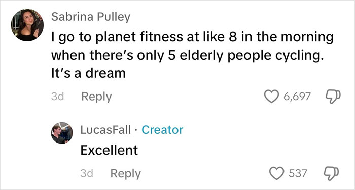 Comment exchange about going to Planet Fitness with elderly people, referencing the gym experience.