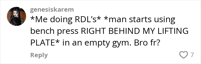 Comment on gym behavior: man uses bench near woman during workout in empty gym.