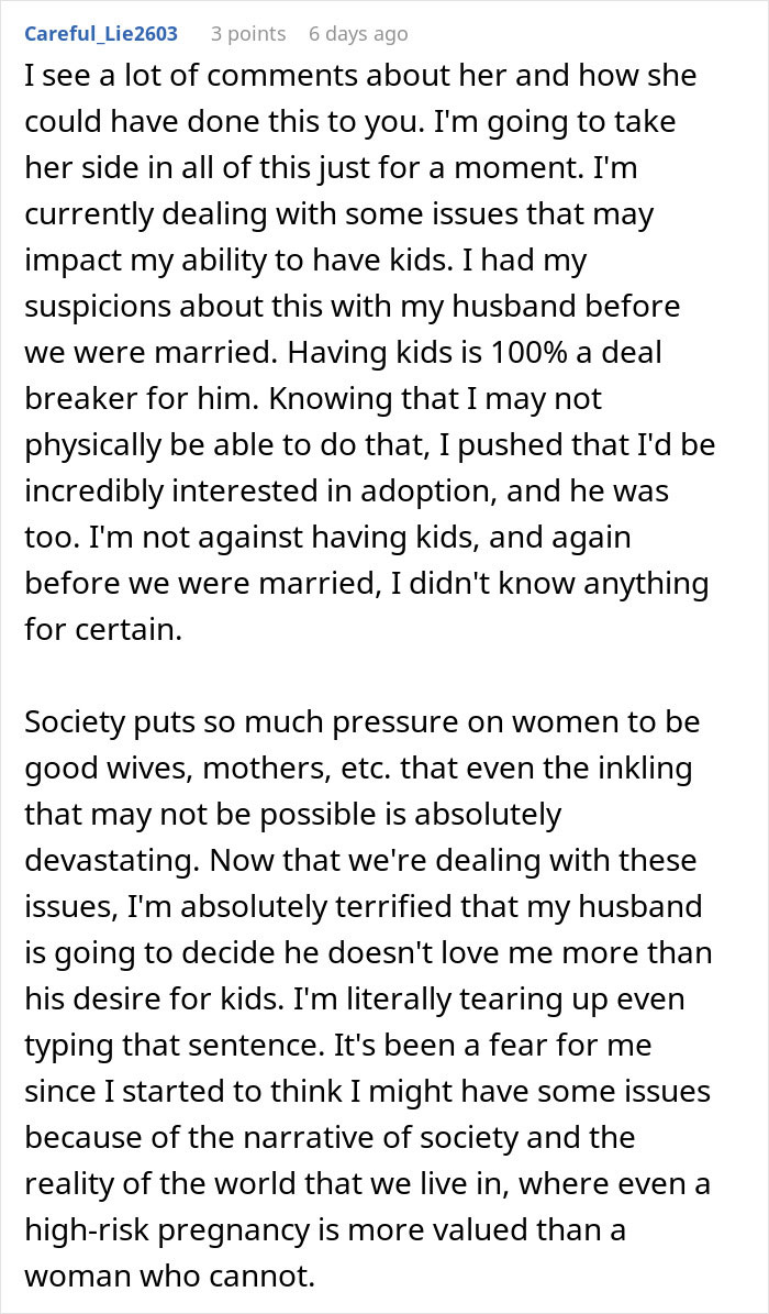 A heartfelt Reddit post about a wife's secret affecting her marriage and ability to have kids.