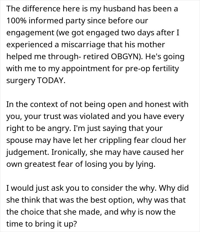 Text addressing a husband's heartbreak over his wife's secret about not having kids.